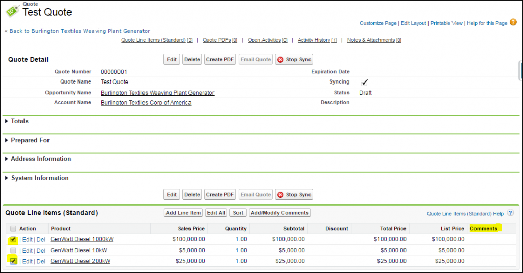 Adding comments to the Quote Line Items screen
